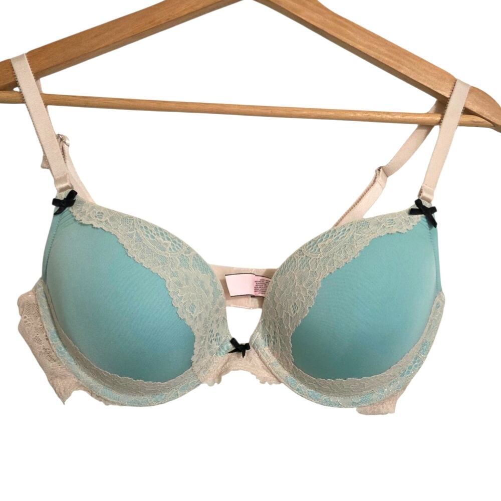 Victoria's Secret Dream Angels Push-Up Lace Trim Bra 36C Turquoise Cream